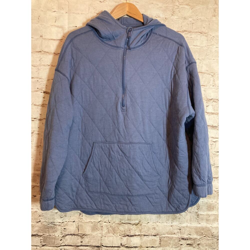 Old Navy Quilted Jacket Womens Large Blue Hooded Half Zip Front Pockets Cotton